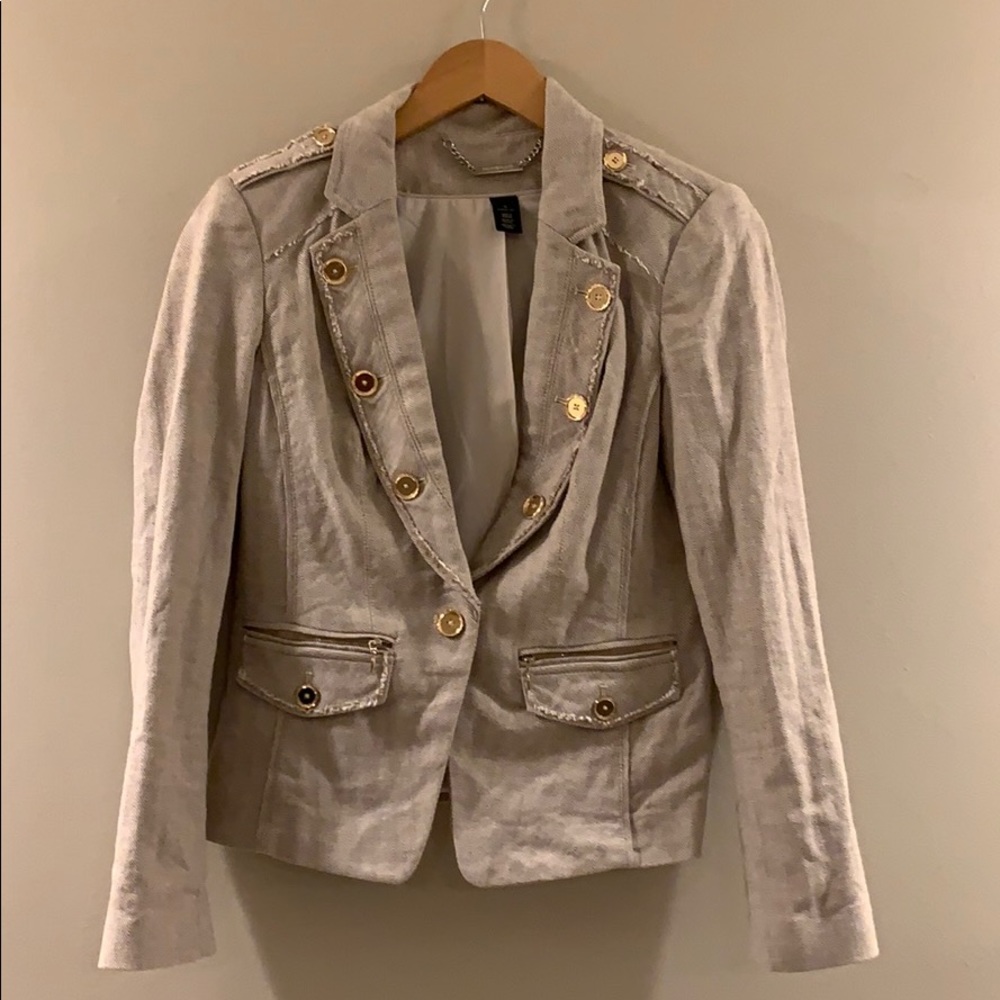 WHBM Tan/Cream Chevron Blazer Gold Buttons 6 NWOT